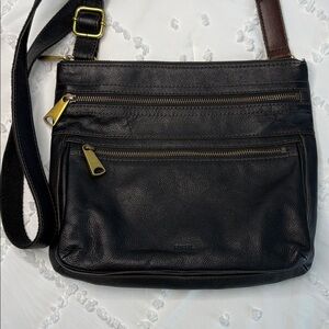 Black Fossil Explorer Leather Crossbody Bag with Gold Accents